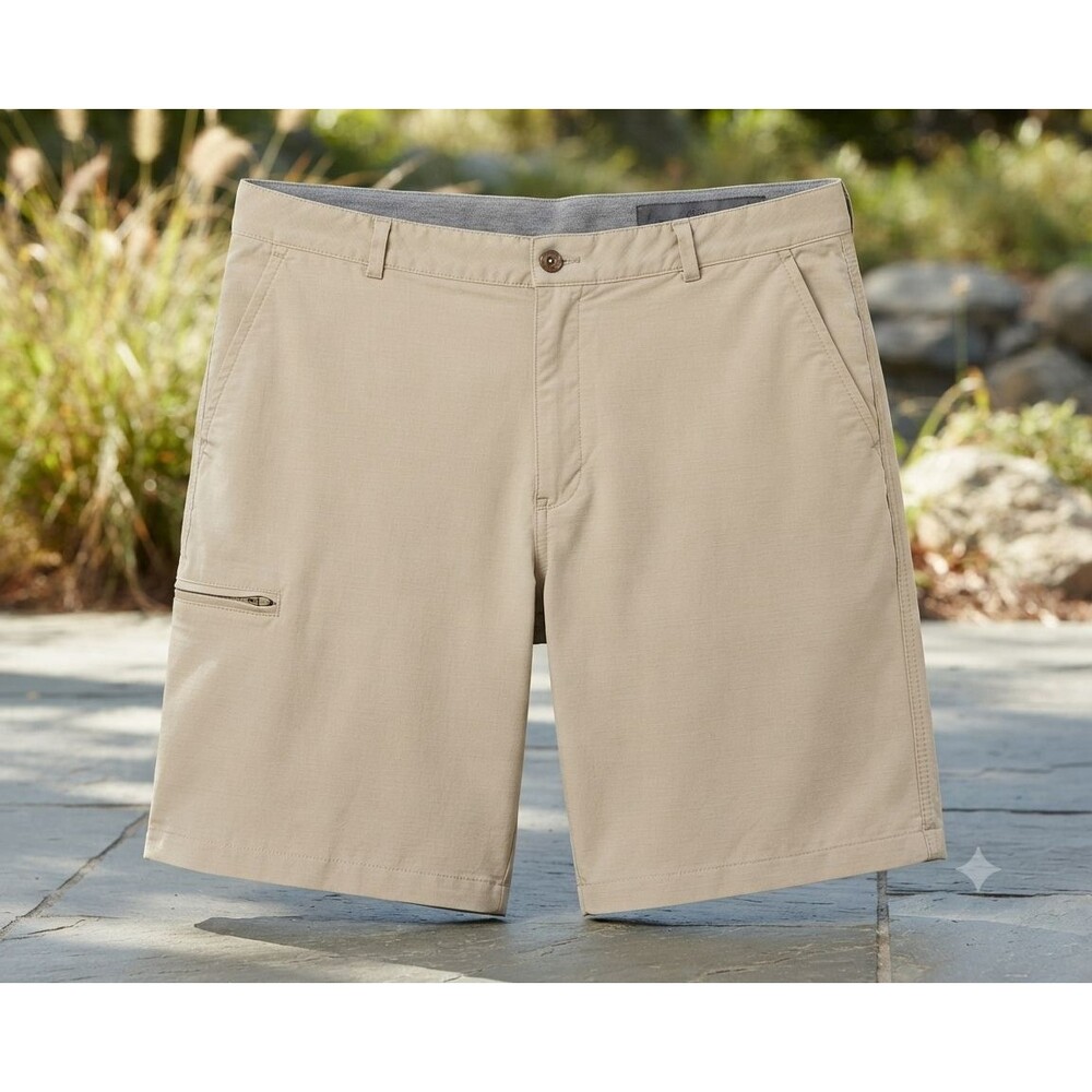 Greg Norman Men 40 Golf Shorts Khaki Beige Performance Stretch Zip Pocket Preppy